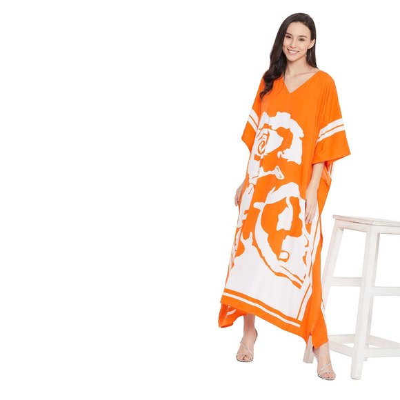 Floral Print Orange Polyester Kaftan Maxi Dress for Women by Gypsie Blu - Picture 3 of 7